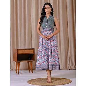 Vestido sin mangas verde marino con estampado de bloques, cuello blanco, elegante, casual, para el día a día, ODM para oficinistas, talla XS, transpirable, natural - Product Image 5