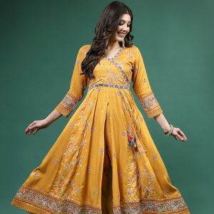 Ensemble Kurta Angrekha pour femme, couleur moutarde, col en V, manches longues, broderie, pantalon et dupatta, tenue décontractée, tissu en rayonne, été, OEM - Product Image 1