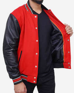 Chaqueta universitaria clásica de moda para hombre 2205, bombardero rojo y negro con letras, Mangas de piel sintética, cierre de botón a presión, ropa de abrigo elegante - Product Image 1