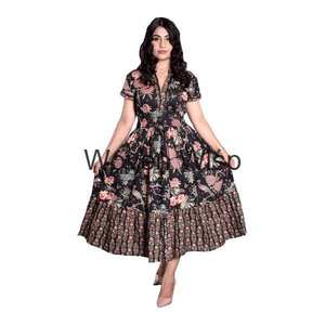 Indien 100% pur coton Maxi robe bloc imprimer longue tenue d'été pour les femmes terreux élégant confortable vêtements de jour doux tenue décontractée - Product Image 1