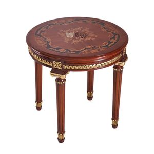 Mesa Auxiliar Redonda de Lujo de Caoba con Incrustaciones Florales y Detalles Ornamentales de Hoja de Oro para Decoración Clásica de Esquinas del Hogar - Product Image 1
