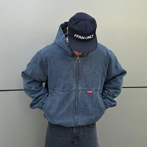 Sweat à capuche épais en coton 100% 500GSM, style streetwear, avec fermeture éclair, coupe courte, lavage au sable, couleur marine, OEM - Product Image 1