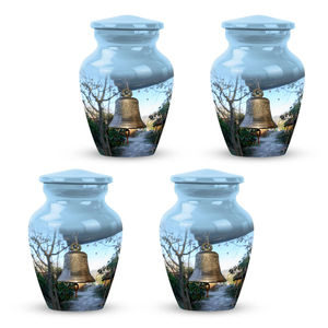 Urnas de cremación funeraria impresas en esmalte con pegatina de diseño de campana para suministros de servicio de entierro a bajo precio, urnas de ceniza de Metal de estilo clásico - Product Image 5