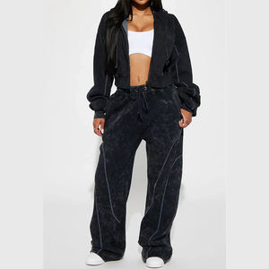 Ensemble personnalisé de haute qualité poids lourd 100% coton délavé à l'acide sweats à capuche zippés Survêtements unis vierges pour femmes - Product Image 5