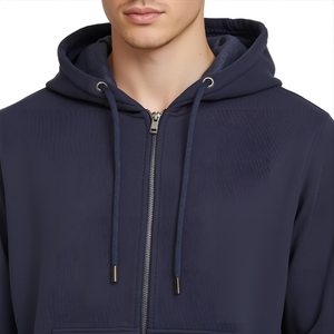 Sweat-shirt à capuche à double fermeture éclair en molleton de coton bleu marine avec logo personnalisé et fabricant d'options OEM/ODM - Product Image 6