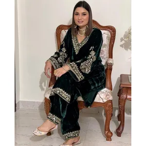 Evergreen design indiano qualidade de exportação pesado veludo zari bordado trabalho kurti calça com dupatta on-line compras da índia