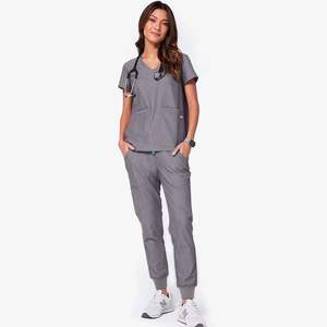 Conjunto médico para mujer, Top de manga corta con cuello en V y pantalones para correr, uniforme gris - Product Image 1