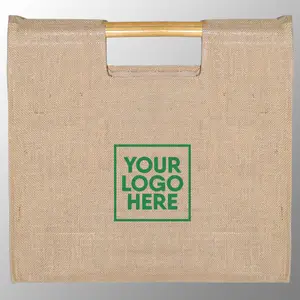 Bolsa de compras de yute con asa de bambú impresa personalizada con su logotipo bolsa de transporte de compras de arpillera de yute