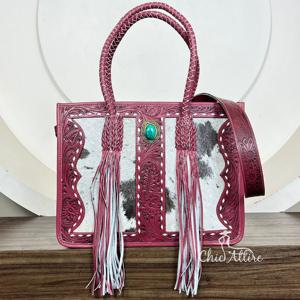 Bolso de Mano de Diseño Occidental 2025, Bolso de Hombro de Cuero Vacuno Repujado a Mano de Lujo para Mujer con Piedra Turquesa y Flecos - Product Image 1