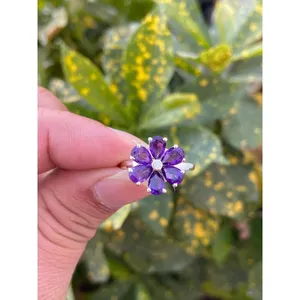 Bague florale en argent 925 avec améthyste naturelle, plaqué or rose et or 18 carats, incrustation tendance en forme de lune, certifiée IGI, bijou cadeau - Product Image 1