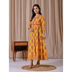 Vestido de algodón amarillo con estampado Butta Block, estilo bohemio, largo hasta el suelo, con botones, informal, para oficina, talla 5XL, transpirable, ODM para club - Product Image 5