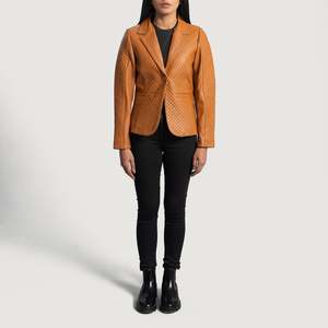 Blazer en cuir marron matelassé Cora avec broderie et décoration boutonnée, méthode de tricotage et de tissage, motif uni et imprimé - Product Image 3