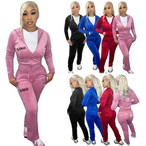 Conjunto de dos piezas de terciopelo para mujer de otoño, chándal para mujer, chaqueta con cremallera, Top corto, pantalones de pierna ancha, pantalones de chándal, Sudadera con capucha de terciopelo para mujer - Product Image 1