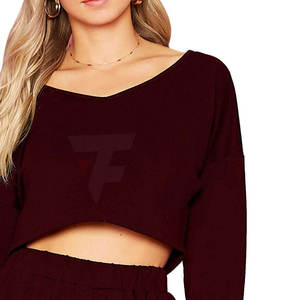 Women 2 Piece Knitted <b>Joggers</b> Set Solid Color V Neck Short <b>Crop</b> Ankle Loose Fit Casual Wear Full Sleeve Breathable Polyester - Product Image 2