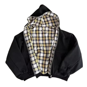 Chaqueta con Capucha Negra para Hombre, Forro a Cuadros, Resistente al Viento, Informal, para Otoño, Corte Regular, Tejido de Poliéster - Product Image 1