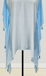 Túnica Kaftan de estilo moderno hecha a mano para mujer, azul cielo, blanco, cuello en V, detalle de borlas con lentejuelas, Poncho ligero asimétrico Resort - Product Image 3