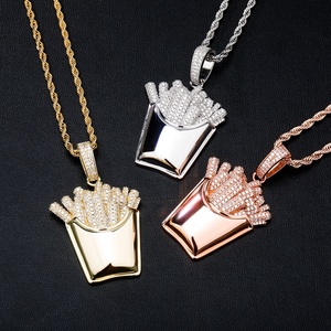 Hip Hop élégant belles frites colliers incrusté strass Zircon solide frites forme pendentif pour hommes femmes fêtes bijoux - Product Image 1
