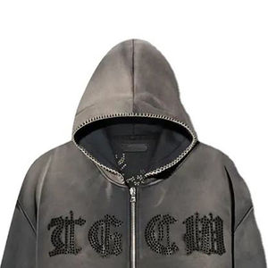 Sweats à capuche surdimensionnés en coton épais délavés à l'acide pour hommes, style vintage délavé au soleil avec impression numérique en strass pour l'hiver - Product Image 5