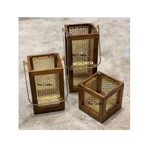 Wooden And Metal Candle Holder With Handle <b>Set</b> Of Three <b>Square</b> Shape Candle For Indoor And Outdoor Decor Use - Product Image 1