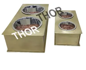 Double Pet <b>Feeder</b> Dog Bowl Stainless Steel Non Skid Bowl Brass Polished Set of 2 Small to Large Dogs and <b>Cats</b> - Product Image 1