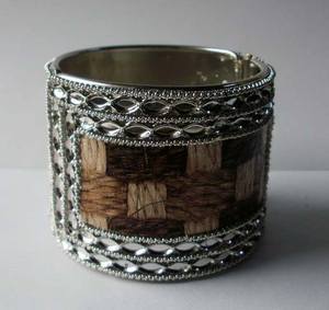 Trendy Wide Woven <b>Jute</b> <b>Fiber</b> Cuff Bracelet Bangle With Silver Tone Metal Edges Hinged Design Statement Fashion Jewellery For - Product Image 3