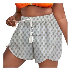 Women's Summer Loungewear Cotton Block Print Rope Drawstring Waist Wrap Shorts Beach Girls Collection <b>Baby</b> Doll Style Summer - Product Image 5