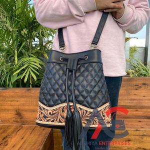 New Hand Tooled Quilted Leather <b>Women</b> Crossbody Bucket <b>Bags</b> High Quality Cowhide Leather Designer Tassel Drawstring Shoulder <b>Bag</b> - Product Image 1