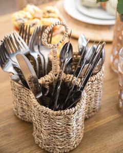 Woven Three Compartments Seagrass Utensil Holder for Spoon Fork Knife Water Hyacinth Storage <b>Basket</b> Kitchen Vietnam Wholesale - Product Image 1