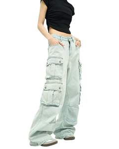 Pantalones Vaqueros Cargo de Pierna Ancha Azul Claro para Mujer, Pantalones de Mezclilla de Cintura Alta con Bolsillos con Solapa y Botones, Ropa Casual de Calle, Suministro del Fabricante, OEM - Product Image 4