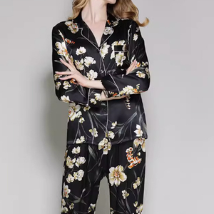 Pijama de seda 100% estampado floral personalizado ropa de dormir de manga larga para mujer - Product Image 2
