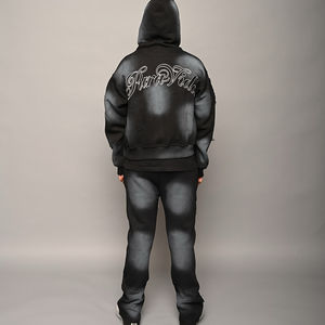 Ensemble survêtement deux pièces pour homme personnalisé OEM, lourd, avec broderie délavée, pantalon de survêtement et sweat à capuche avec strass délavé à l'acide - Product Image 3