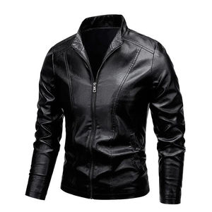 Chaqueta de cuero genuino para motocicleta de primavera 2025 para hombre, cuello vuelto sólido, cierre de cremallera, ajustada, informal, de lona, a prueba de viento - Product Image 2