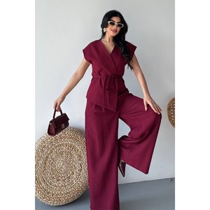 Giacca Kimono estiva in due pezzi a maniche corte da donna con pantaloni Palazzo dal taglio ampio e lacci - Product Image 2