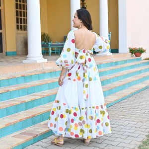 Nouveau Dot Print Floor Length Square Neck Puff Three Quarter Sleeve Designer Heavy Maxi Dress - Product Image 4