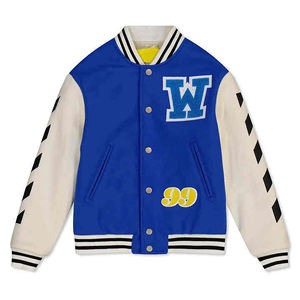 <b>Mens</b> Blue <b>White</b> Varsity <b>Jacket</b> Letter W Patch Stand Cuffs Hem Single Button Waterproof Genuine Leather Front Baseball Coat - Product Image 3