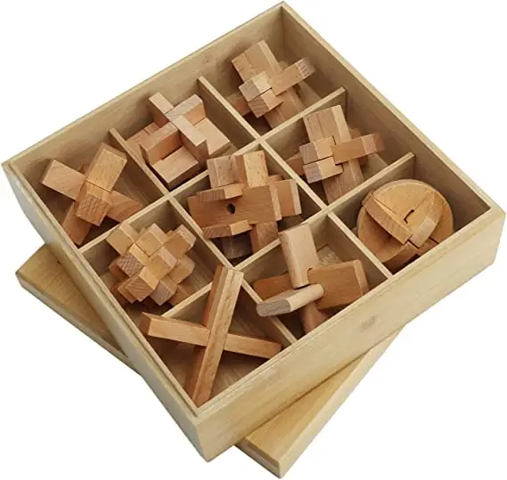 9Pcs Brain Teaser Puzzle, Educational Intellectual Lock Toy 3D Wooden Brain Test Game Logic Puzzle Games