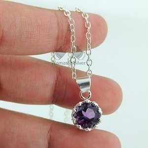 Handmade Dainty Amethyst 8mm 925 Sterling <b>Silver</b> Pendant Chain <b>Necklace</b> Bezel Setting Gemstone Locket Women's Birthday - Product Image 2