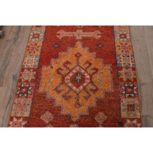 Turkish Vintage Rug, 3x10.7 ft <b>Runner</b> Rug, <b>Red</b> Orange Plants & trees Rug - Product Image 3