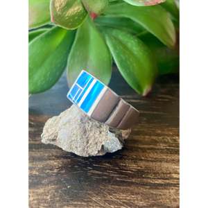 Navajo Handmade Sterling Silver <b>Ring</b> with Natural <b>Blue</b> <b>Opal</b> Inlay Size 9.5 Boho Geometric Statement Jewelry - Product Image 4