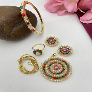 Elegant Pearl Pendant with Chain, <b>Bracelet</b> & Rings Combo Set <b>for</b> Women & <b>Girls</b> Stylish Jewelry Gift <b>for</b> Daily & Office Wear - Product Image 1