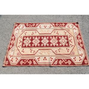 Tapis Kilim turc vintage grande surface 3.5x5.4 pieds rouge et beige tapis de jute en laine tissée plate avec support en latex pour adolescents - Product Image 3