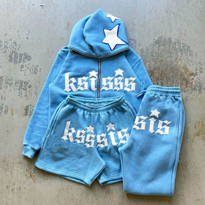 Ensemble sweat à capuche et short vintage pour homme, tenue d'été deux pièces avec patch étoile, survêtement décontracté et mignon - Product Image 3