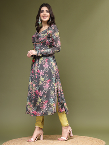 Ensemble Kurti tendance pour femme en Georgette, style bohème d'été, broderie miroir, coupe trapèze, lavable en machine, avec pantalon et dupatta - Product Image 3