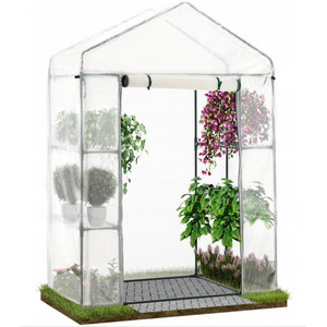 Serre de jardin moderne blanche 140x73x200cm avec étagères, facilement assemblable, en polycarbonate et bois traité sous pression pour la croissance des plantes d'intérieur - Product Image 1