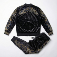Ensemble de survêtement pour femme grande taille, uni, écologique, respirant, à capuche, en velours froissé imprimé, avec veste bomber à strass et pantalon de jogging