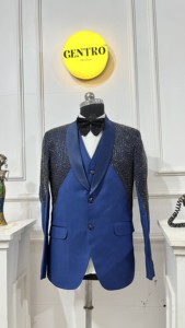 Bleu main broderie marié hommes trois pièces costumes Tuxedos garçons d'honneur mariage Tuxedos fête blazer pour hommes ensembles - Product Image 2