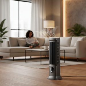 Ventilateur tour oscillant électrique moderne pour la maison et le bureau, télécommandé, en plastique, prise US, pour utilisation dans la salle de bain - Product Image 1