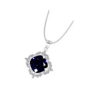Impresionante colgante de oro blanco o plata de zafiro de 5 quilates con un brillante halo de diamantes para una declaración elegante y atemporal - Product Image 4
