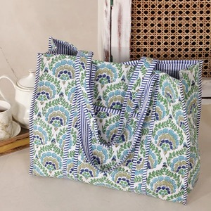 Indian Vintage Lady Blue Floral Print Cotton Lightweight High Quality Quilt <b>Tote</b> <b>Bag</b> <b>Zipper</b> Closure Canvas Lining Womens Summer - Product Image 3