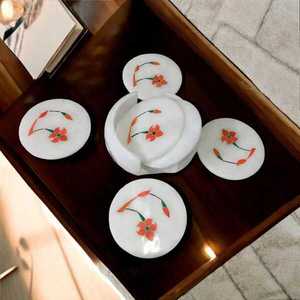ANURAG HANDICRAFT Ensemble de sous-verres en marbre blanc faits à la main avec incrustation florale, support moderne assorti, décoration de table, cadeau de mariage - Product Image 6